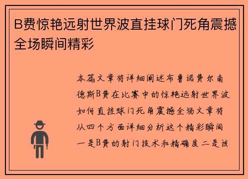 B费惊艳远射世界波直挂球门死角震撼全场瞬间精彩